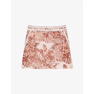 Reiss Womens Pale Pink Mila Tropical-leaf Linen Mini Skirt In Brown