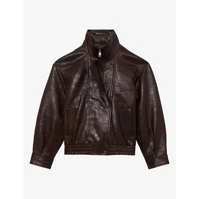 Reiss Womens Petra Oversized Leather Jacket Aubergine In Brown