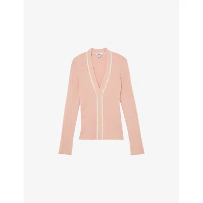Reiss Womens Pink Ivory Lauri Craft-stitch Ribbed-knit Top Xs