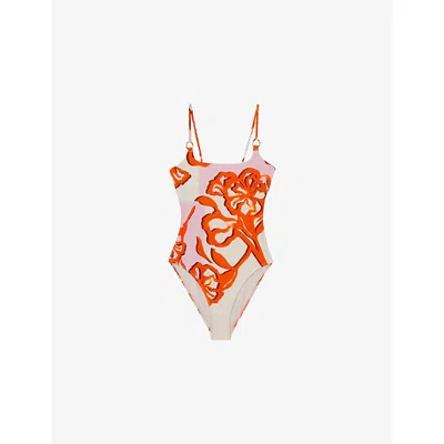 Reiss Womens Pink Orange Lexi Square-neck Floral-print Stretch-woven Swimsuit In Multi
