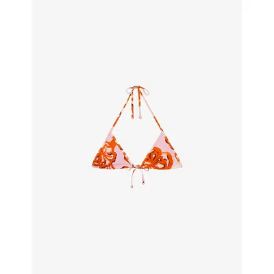Reiss Womens Pink Orange Tina Graphic-print Triangle Bikini Top