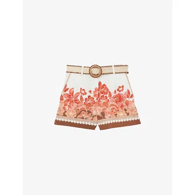 Reiss Womens Pink Print Samira Floral-print Belted Linen Shorts