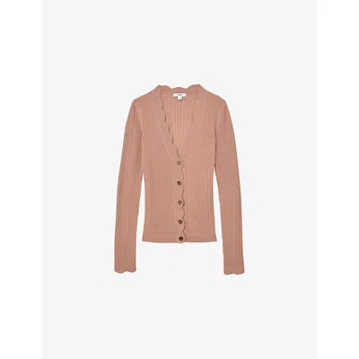 Reiss Womens Pink Vinny Scallop-trim Ribbed-knit Cardigan In Brown