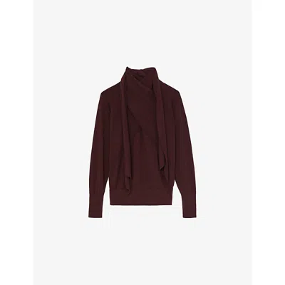 REISS WOMENS ALEXIS SCARF-TIE LONG-SLEEVE DRAPED WOOL JUMPER BURGUNDY