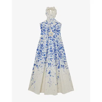Reiss Womens Ivory Blue Amaya Floral-print Stretch-cotton Maxi Dress