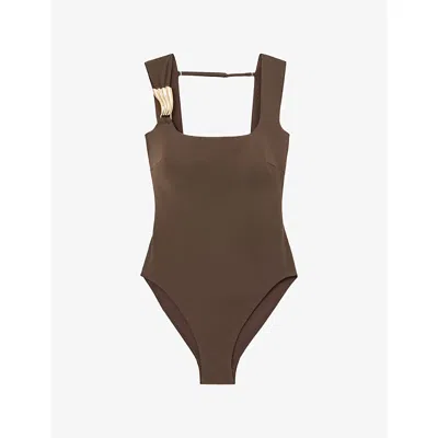 Reiss Womens  Amelie Square-neck Stretch-woven Swimsuit In Mocha Brown