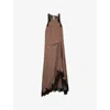 Reiss Womens Mocha Brown Anais Round-neck Lace-embroidered Asymmetric Satin Midi Dress