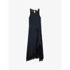 Reiss Womens Navy Anais Round-neck Lace-embroidered Asymmetric Satin Midi Dress