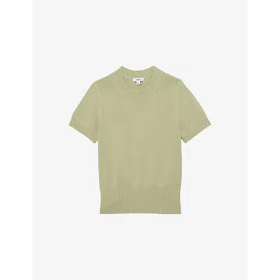 Reiss Womens Sage Green Anita Short-sleeve Cotton And Wool-blend Top