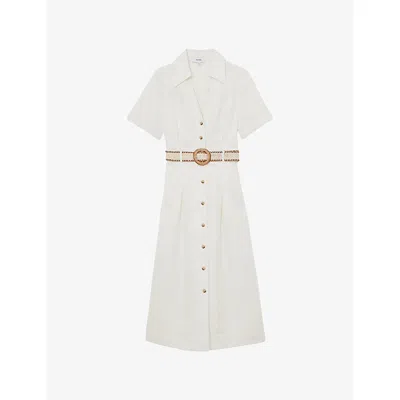 Reiss Womens Ivory Anita V-neck Belted-waist Linen Midi Dress In White