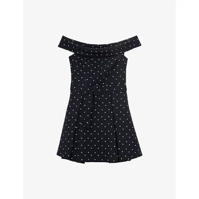 Reiss Womens Navy Ivory Arwen Polka-dot Bardot Stretch-woven Mini Dress In Black