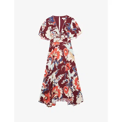Reiss Womens Burgundy Asha Floral-print Woven Midi Dress In Brown