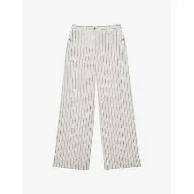 Reiss Womens White Navy Ashby Striped Wide-leg Linen Trousers In Gray