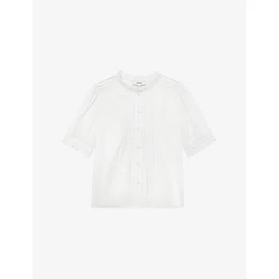 Reiss Womens Ivory Aurelia Frill-neck Cotton-muslin Top In Green