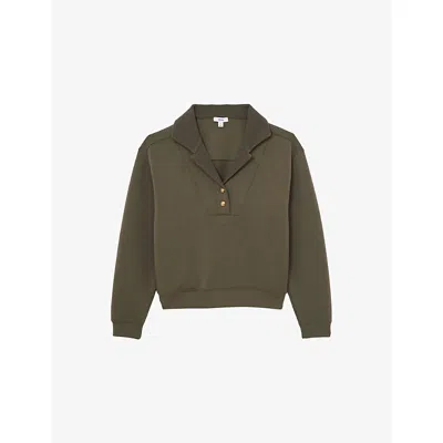 Reiss Womens Khaki Green Bella Button-neck Stretch-jersey Sweatshirt