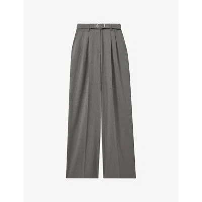 Reiss Womens Grey Belted-waist Wide-leg Tailored Stretch-woven Trousers