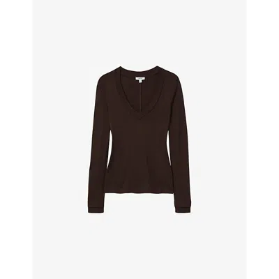 Reiss Womens  Brady V-neck Fine-knit Top In Chocolate