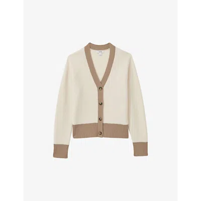 Reiss Womens  Brie Colour-block Button-up Wool Cardigan In Cream/camel