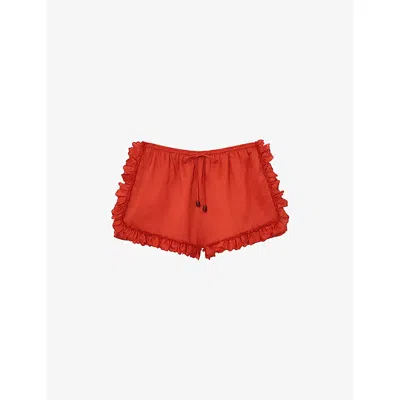 Reiss Womens Orange Brook Ruffle-trim Ramie-blend Shorts In Red