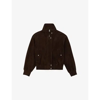 Reiss Womens Chocolate Brown Cara Funnel-neck Suede Bomber Jacket