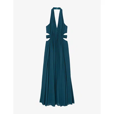 Reiss Womens  Cara Halter-neck Pleated Woven Maxi Dress In Teal Green