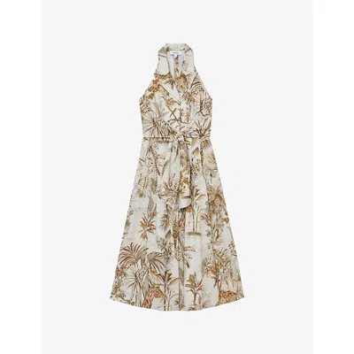 Reiss Womens Neutral Carla Palm-print Linen Midi Dress In Brown