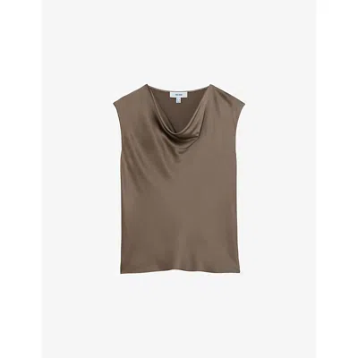 Reiss Womens Taupe Brown Cate Cowl-neck Sleeveless Silk Top