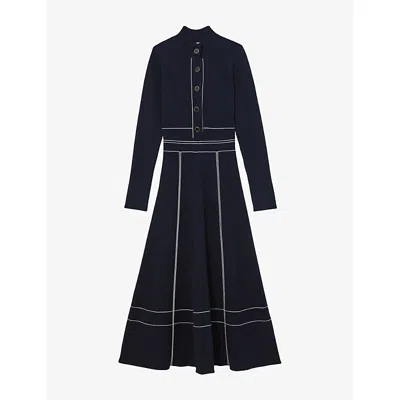 Reiss Womens Navy Charlie Contrast-stitch Knitted Midi Dress Xs In Blue