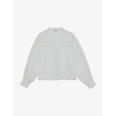 Reiss Womens Ivory Clemmie Openwork Long-sleeve Cotton Top In White