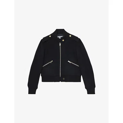REISS WOMENS NAVY CLEO EPAULETTE SHORT BRUSHED-WOOL BOMBER JACKET