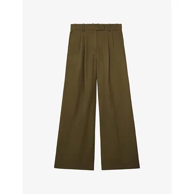 Reiss Womens Khaki Green Cora Pleated Wide-leg Woven Trousers