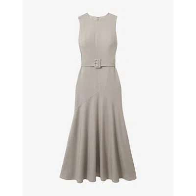 REISS WOMENS GREY DANNI FLARED-HEM COTTON-BLEND MIDI DRESS