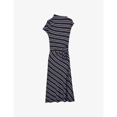 REISS WOMENS BLUE DILLON STRIPED STRETCH-JERSEY MIDI DRESS XS