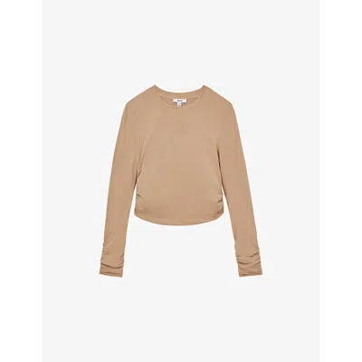 Reiss Womens Edith Ruched Cropped Stretch-jersey Top Sand