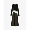 Reiss Khaki/black Rib-knit Panelled Belted Midi Dress In Khaki/black