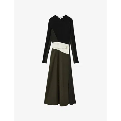 REISS WOMENS REISS EMILINA RIB-KNIT PANELLED BELTED MIDI DRESS
