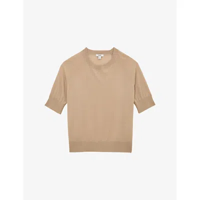 Reiss Womens  Evelyn Funnel-neck Merino-wool T-shirt In Neutral