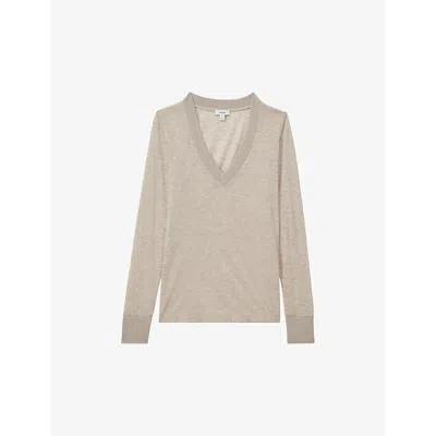 Reiss Womens Stone Evelyn V-neck Long-sleeve Wool-blend Top