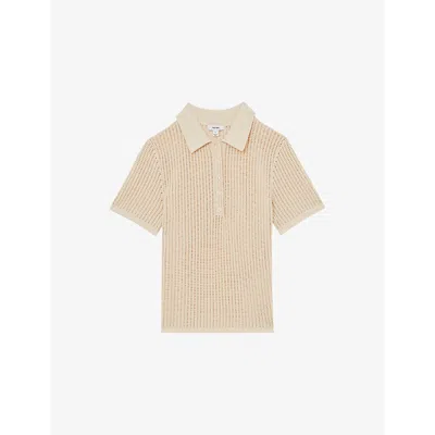 REISS WOMENS IVORY EVI OPEN-KNIT COTTON-BLEND POLO SHIRT