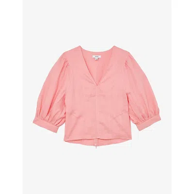 Reiss Womens Coral Pink Evie Balloon-sleeve Linen Top