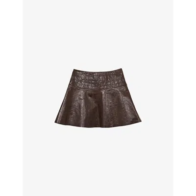 Reiss Womens Flared Crinkled Leather Mini Skirt Chocolate