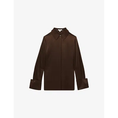 Reiss Womens Hailey Long-sleeved Silk Shirt Chocolate