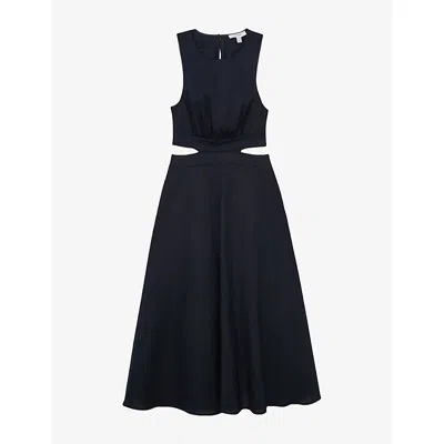 Reiss Womens Navy Hazel Cut-out Linen And Cotton Midi Dress In Blue