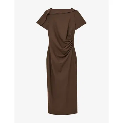 Reiss Ruched Boat Neck Midi Dress In Brown