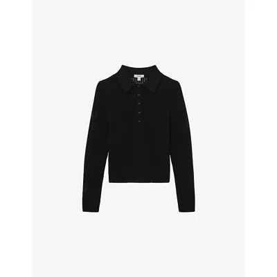 Reiss Womens Black India Ribbed Cotton-blend Polo Top