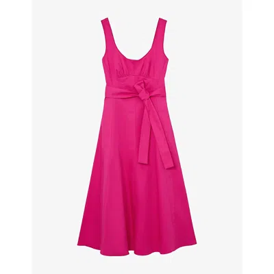 Reiss Womens Pink Irina Belted-waist Stretch-cotton Midi Dress