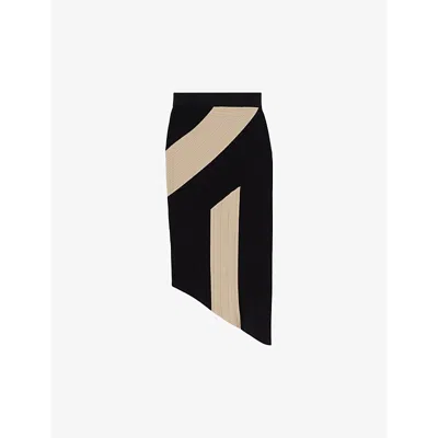 Reiss Womens  Jess Colour-block Asymmetric-hem Knitted Midi Skirt In Black/camel