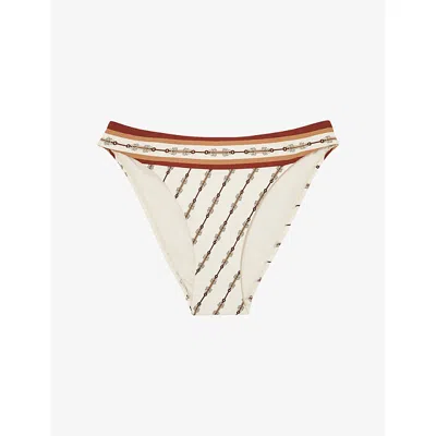 Reiss Womens  Johannah Chain-print Fixed-side Bikini Bottoms In Ivory