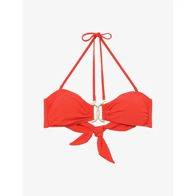 Reiss Womens Coral Orange Johannah Halter-neck Stretch-woven Bandeau Bikini Top In Red
