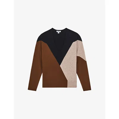 REISS WOMENS TOFFEE BROWN NAVY NEUTRA JUNE V-NECK COLOUR-BLOCK WOOL AND CASHMERE-BLEND JUMPER